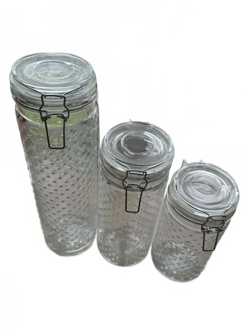 Set of 3 Clear Hobnail Glass Canisters Wire Bail Clamp Lids